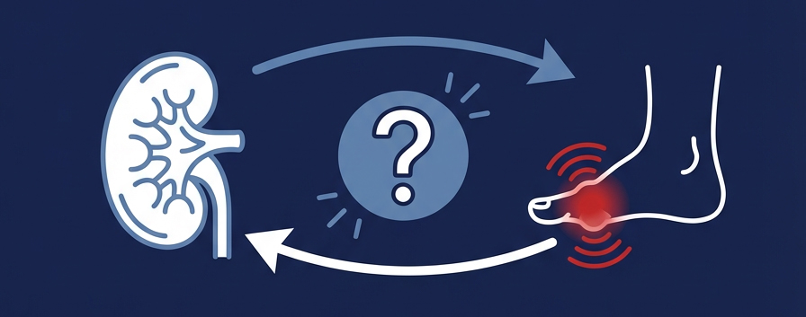 infographic of a kidney and a foot with gout pain, with arrows pointing both ways