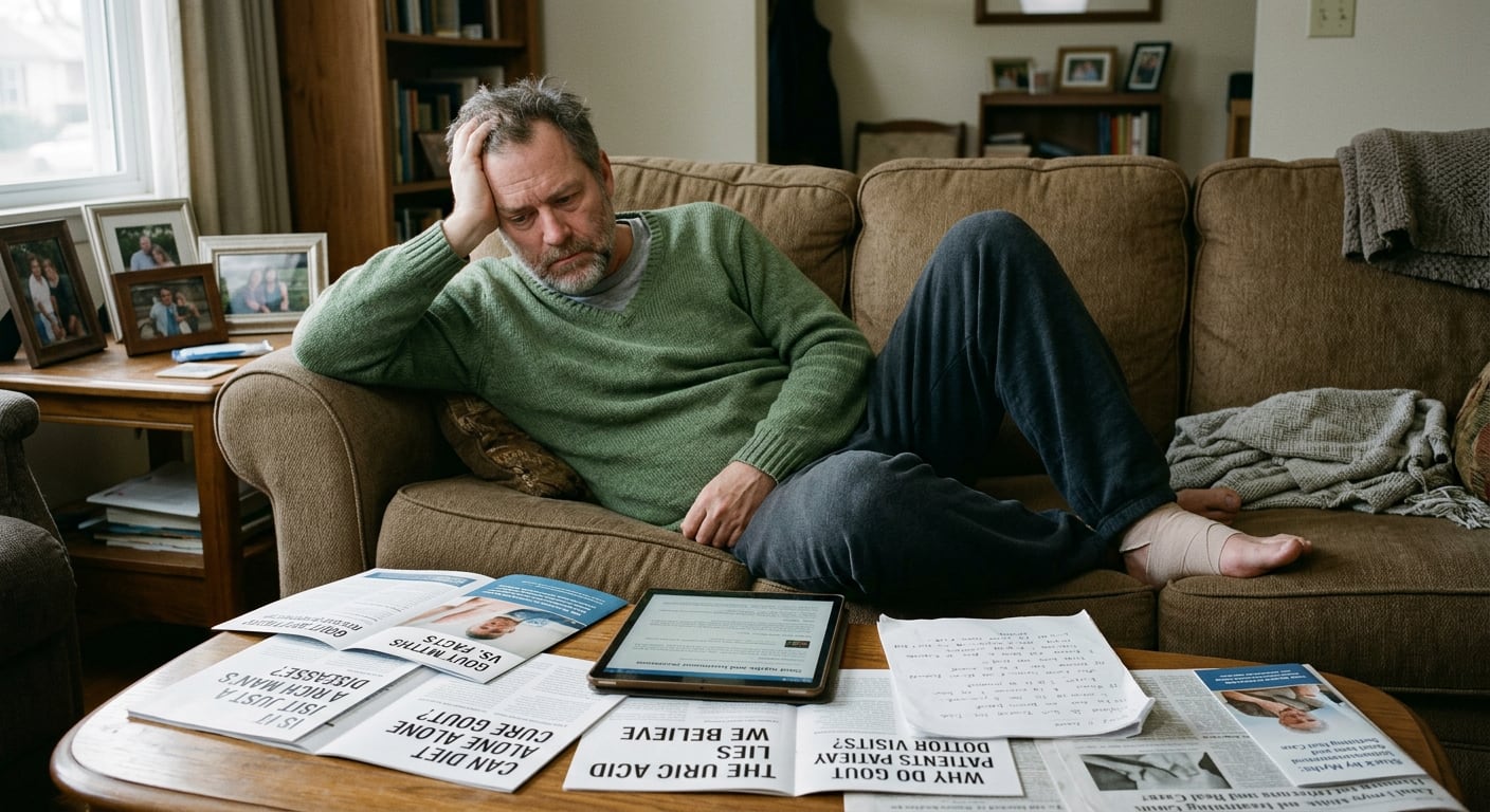 Man on his couch looking confused at gout articles spread all over his coffee table