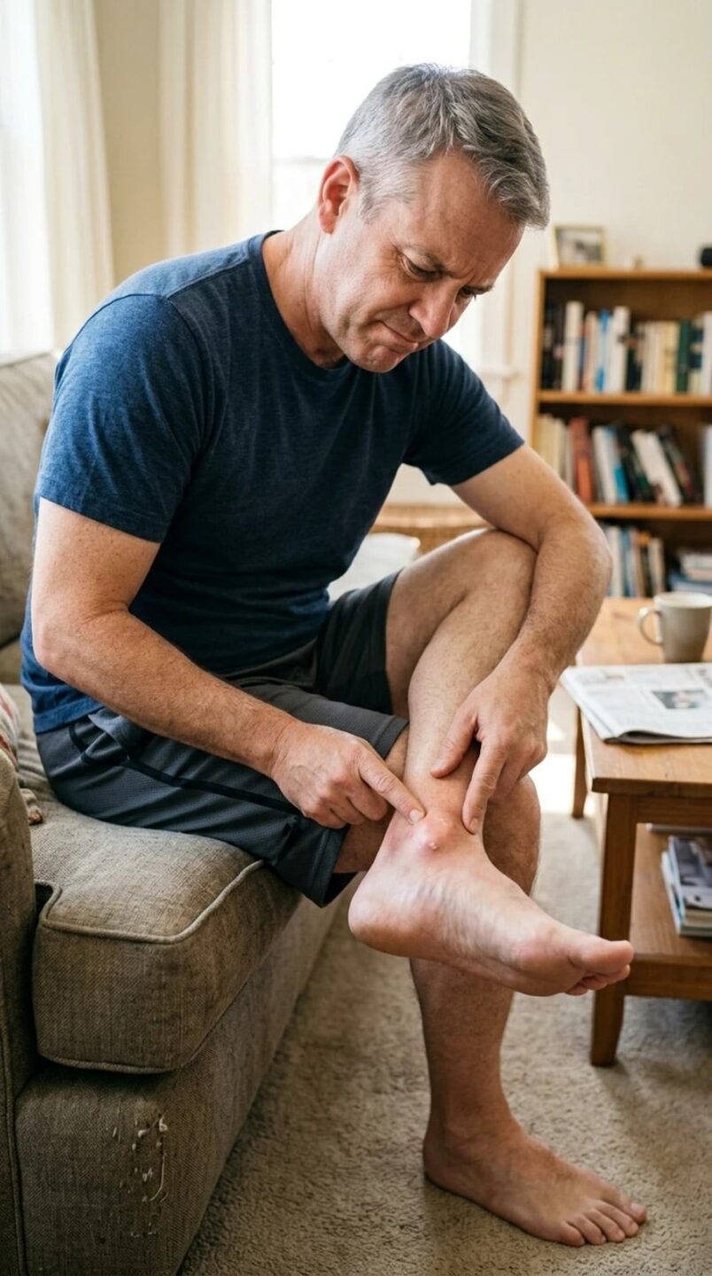 A middle aged man sitting on his couch pointing to his gout bumps (tophi) on his ankle